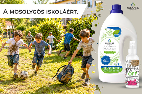 A mosolygós iskoláért – játszó gyerekek, CLEANNE mosószer és FoltOFF folttisztító